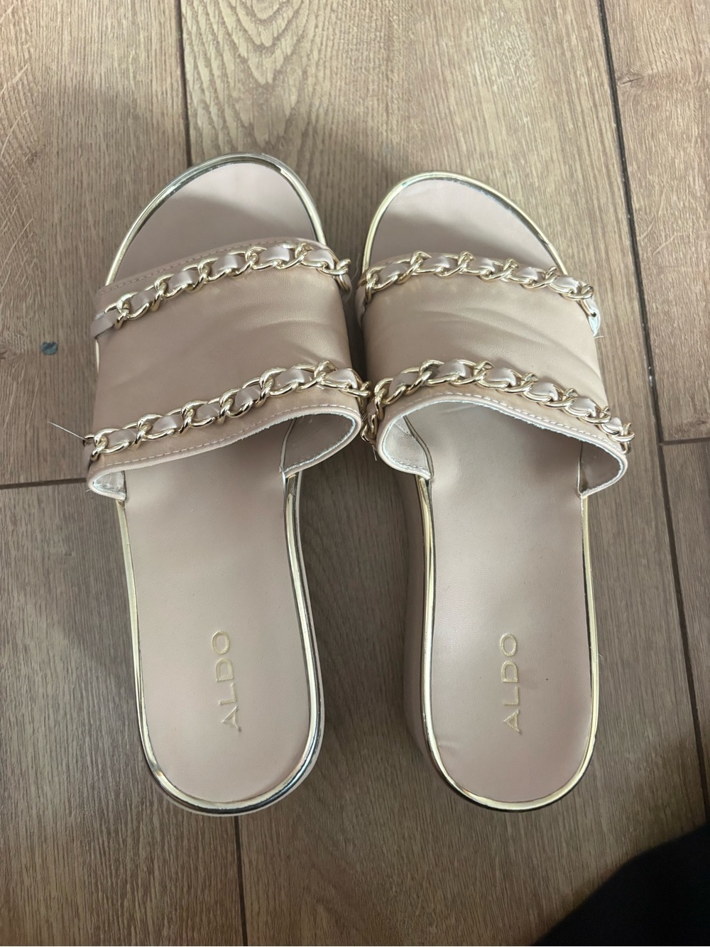 Aldo Nude Slide Sandals with Gold Chain Trim